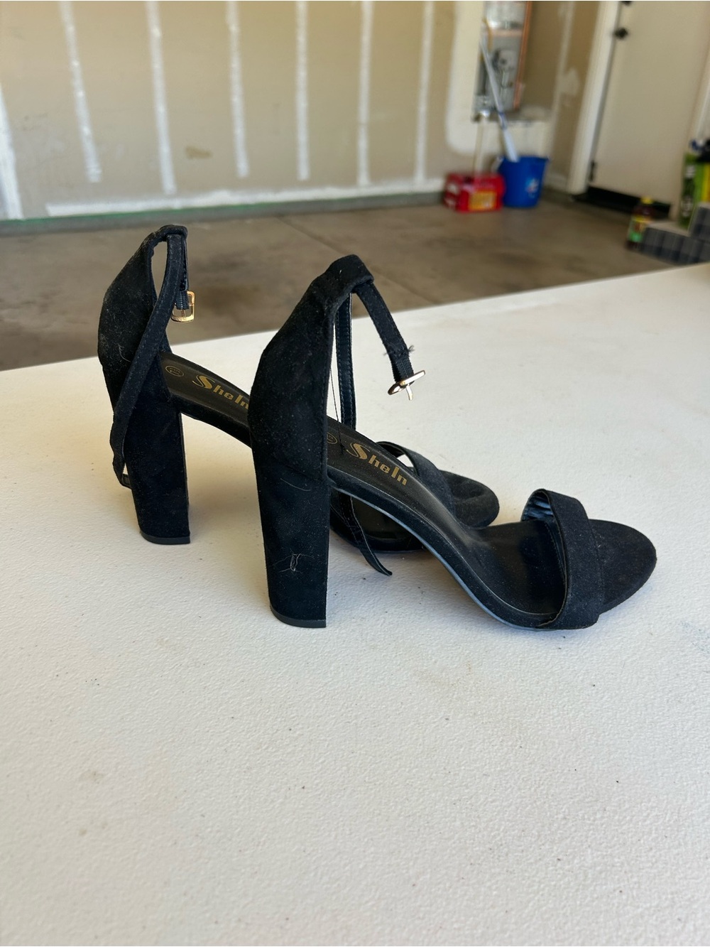 SHEIN Black Suede-Look Block Heel Ankle-Strap Sandals